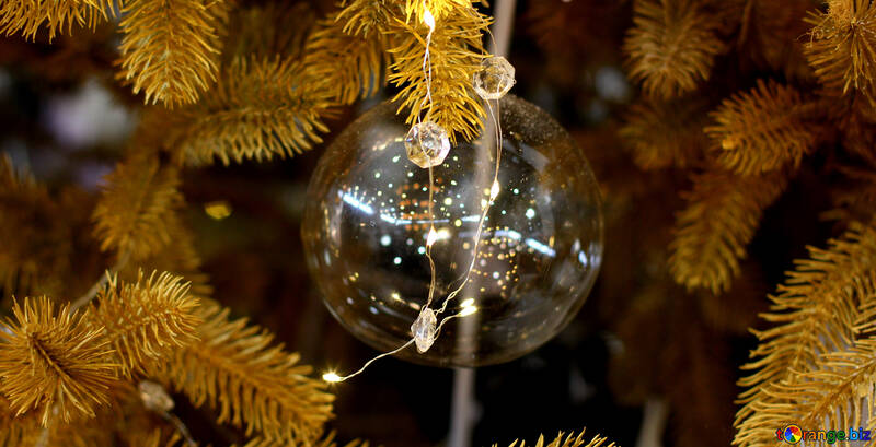 Brinquedo do Natal transparente sobre uma árvore de Natal com lâmpadas №47773