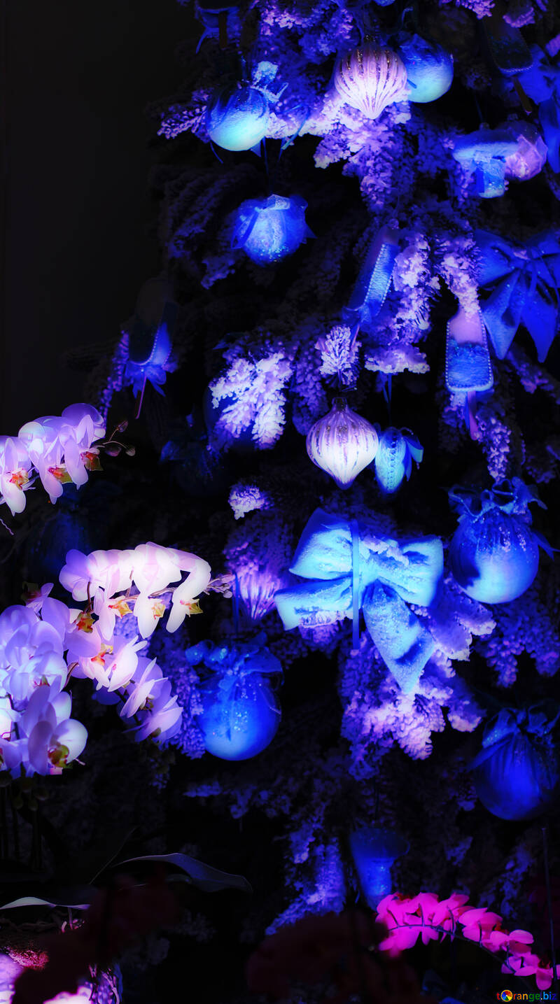 Sfondo blu di Natale con i giocattoli sull`albero di Natale №47663