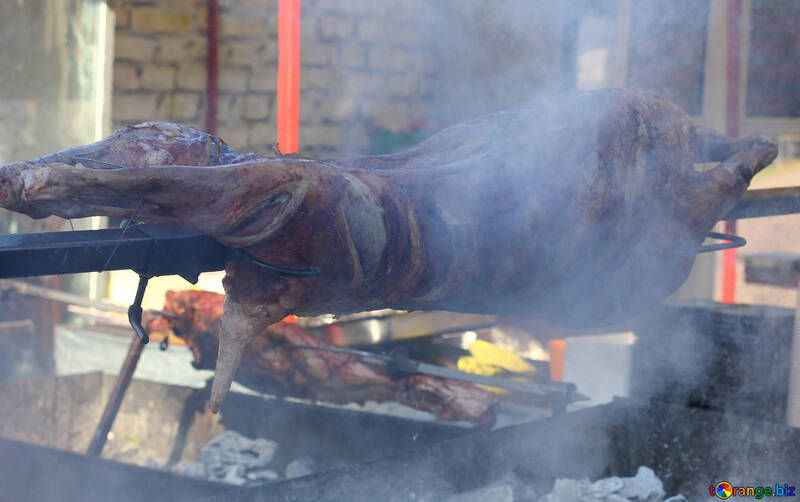 The carcass of the pig meat on a skewer №47425