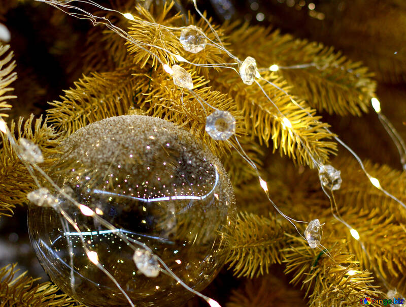 Boule de Noël en verre sur une branche d`un arbre de Noël №47718