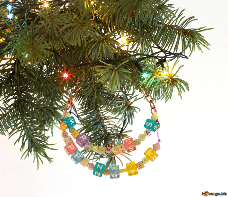 Garland of beads on the tree with Happy New Year and Merry Christmas isolated on white background №47998