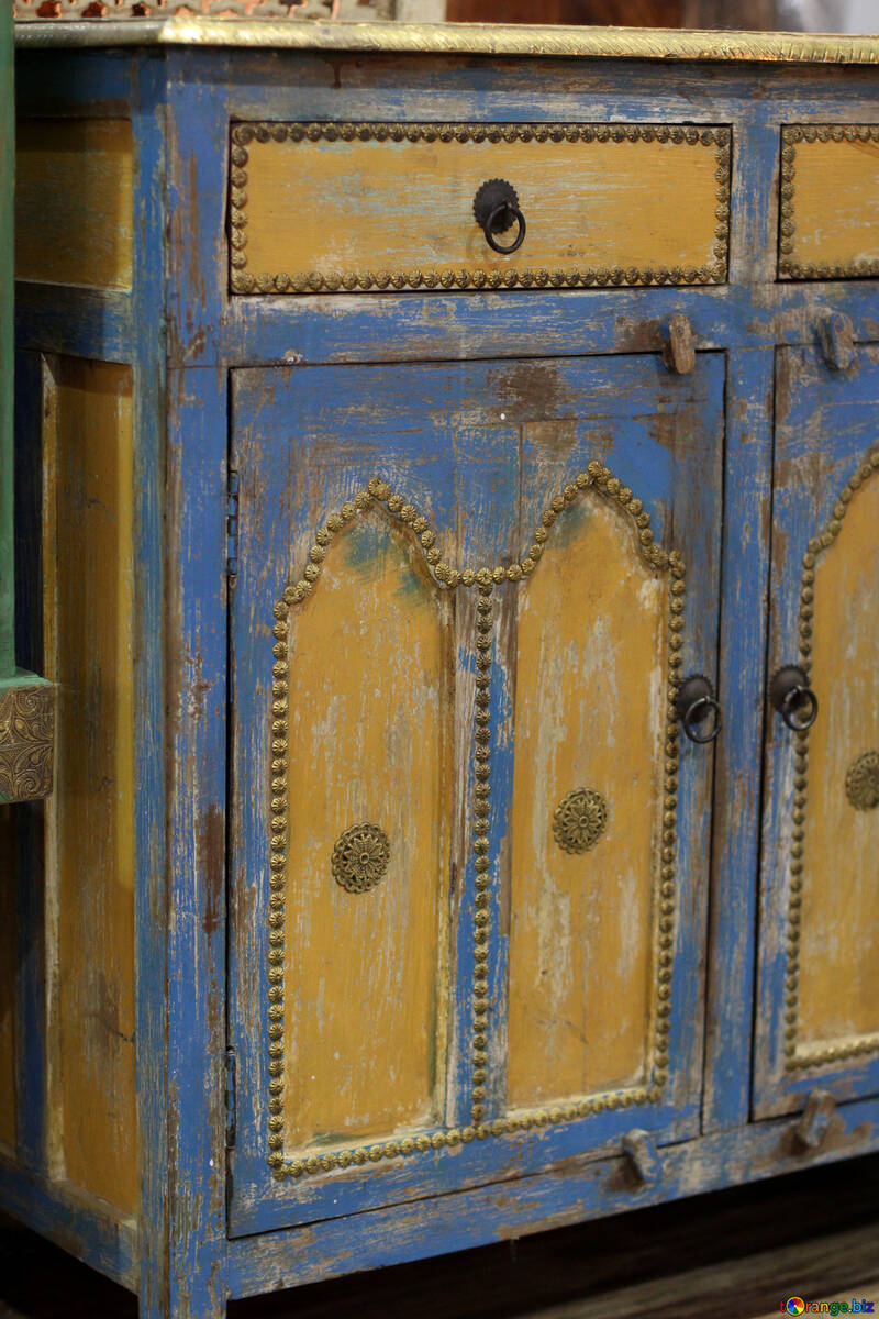 Vintage  old wooden cabinet cupboard dresser. It is yellow and blue retro style №48760