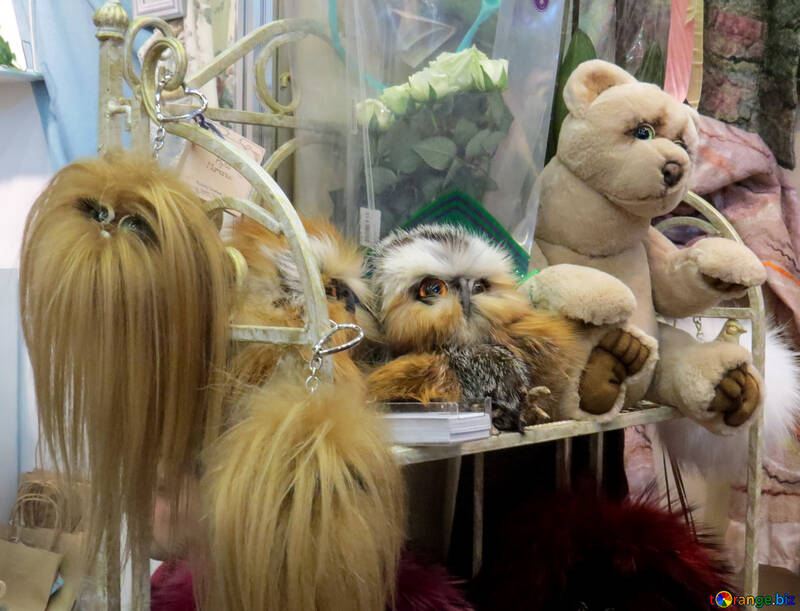 stuffed animals on a white wrought-iron bench hair stuffed №49061