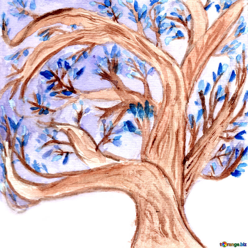 Tarjeta de primavera. Blooming árbol de magnolia bajo la nieve. Dibujo del autor con pinturas de acuarela. En el fondo azul de la nieve. №49601