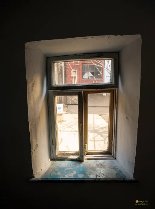 Відреставрована люксова версія Old window in deep Old window frame, weathered pane, sunlit courtyard №5372