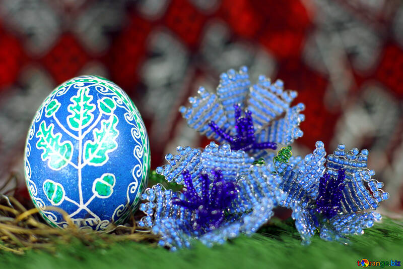 Painted Easter egg and bead art  Purple flowers  №50299