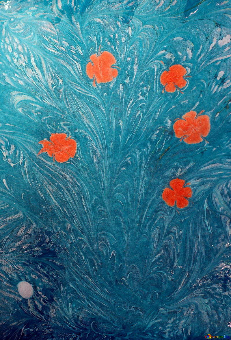 Puntos de naranja flores paintin un fondo azul №50923