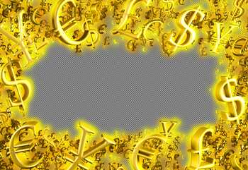 Golden money frame finance. Physical currency symbols. Business concept background for trade sales promo template.