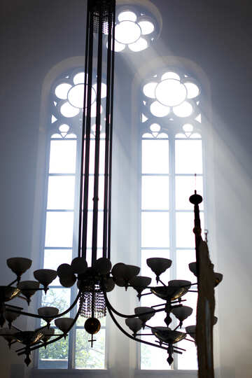 Light streaming through window and chandelier church sunlight №51709