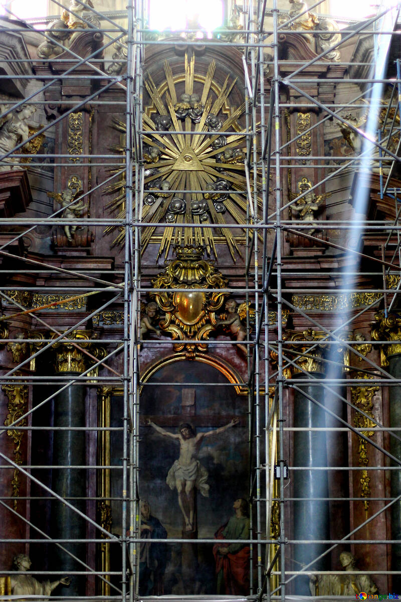 Religious image in scaffolding yellow cathedral altar №51847
