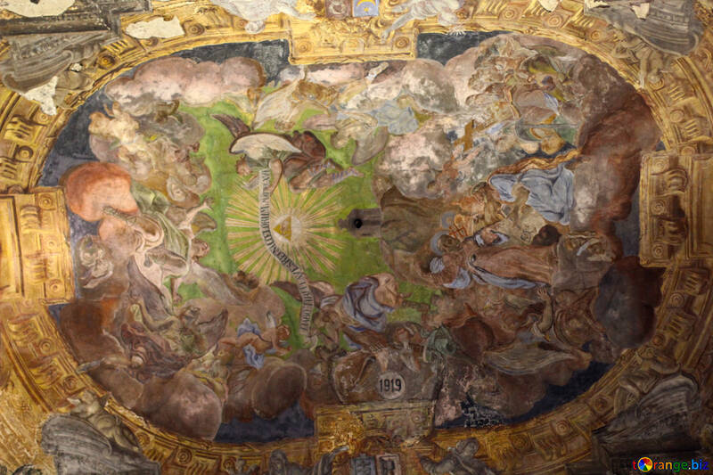 A painting, it seems like it is painted on the ceiling of a chapel or something like that seems very old Painting in church №51870