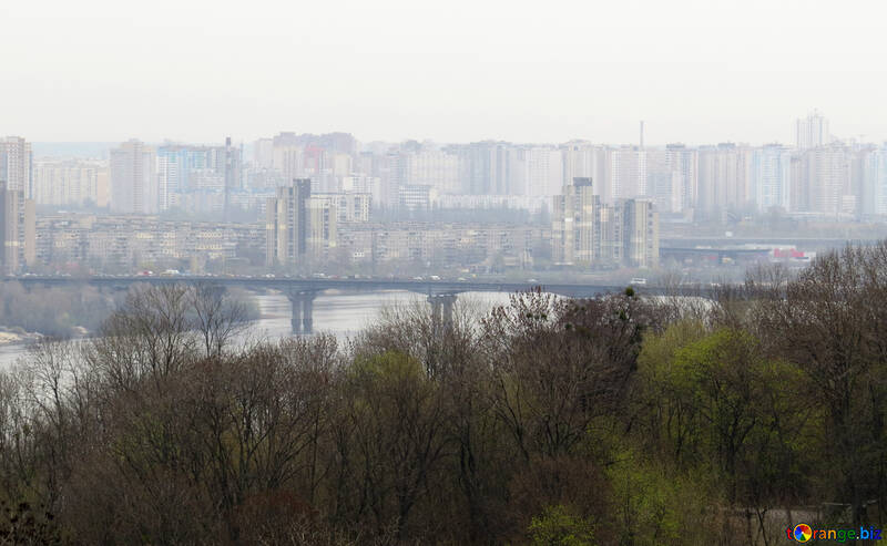 Beautiful place with trees and bridge city Kyiv landscape skyline over water №52416