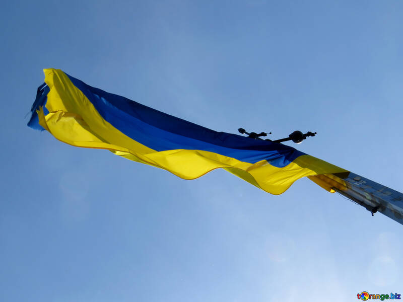 Una vista dal basso di una bandiera blu e gialla con un cielo blu sullo sfondo con una nuvola molto sottile №52081