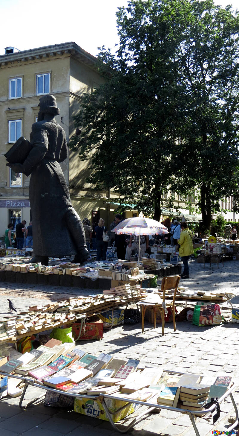 A park with a statue and tables statue with book  tree and building №52154