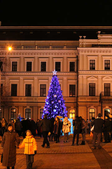 Blue christmas tree next to a building №53563
