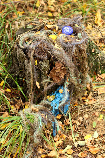 Basura plástica y red de pesca rasgada en la hierba costera №53741