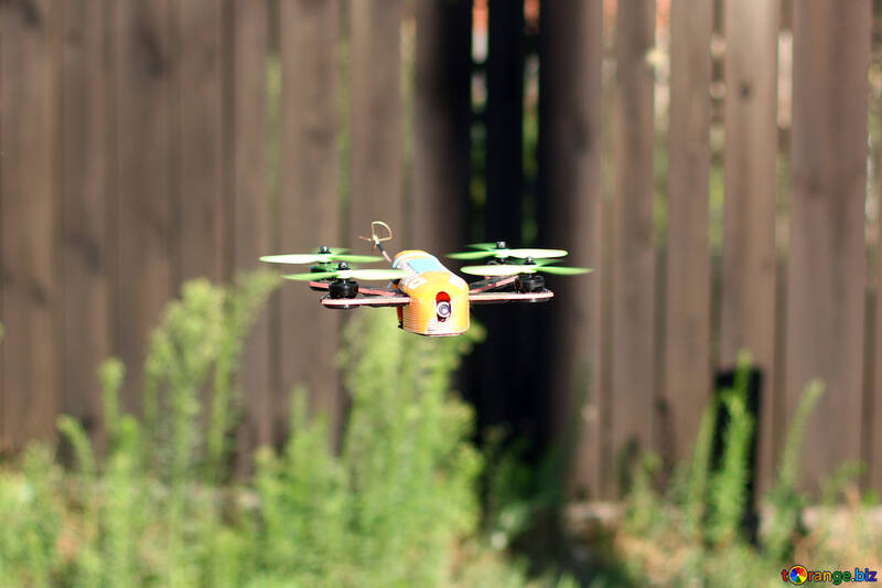drone flying over hedges fence and grass №53675