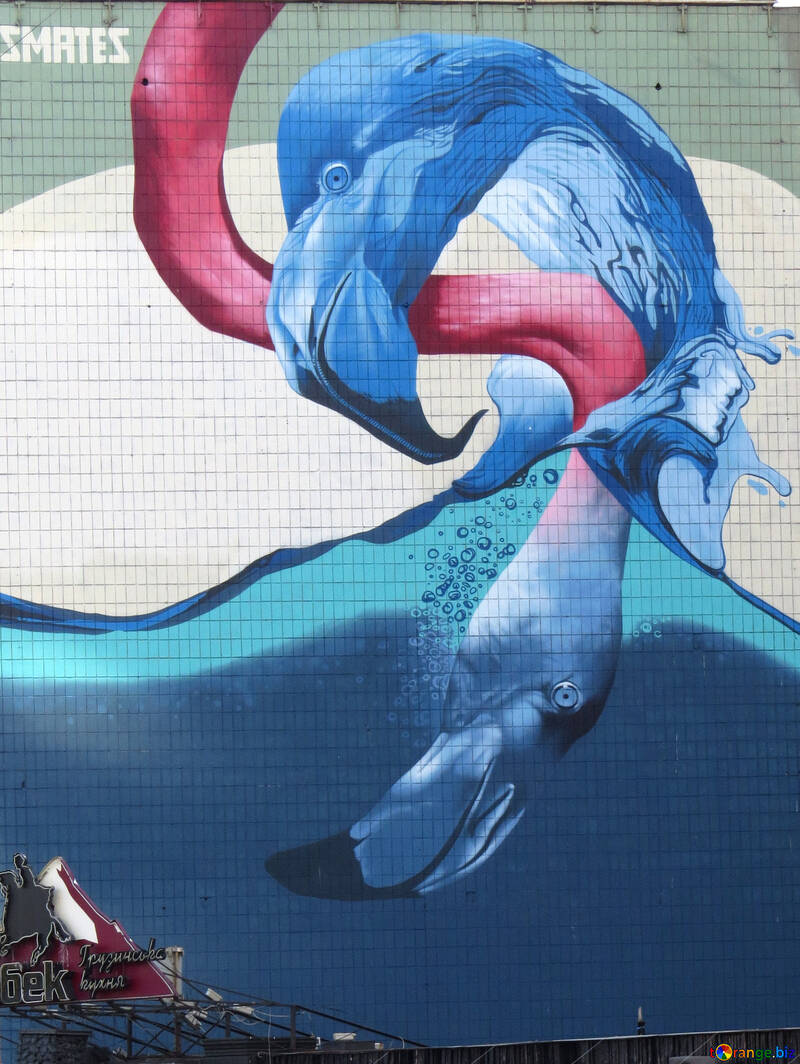 Vague bleu éclaboussure eau géant flamant rose murale №53408