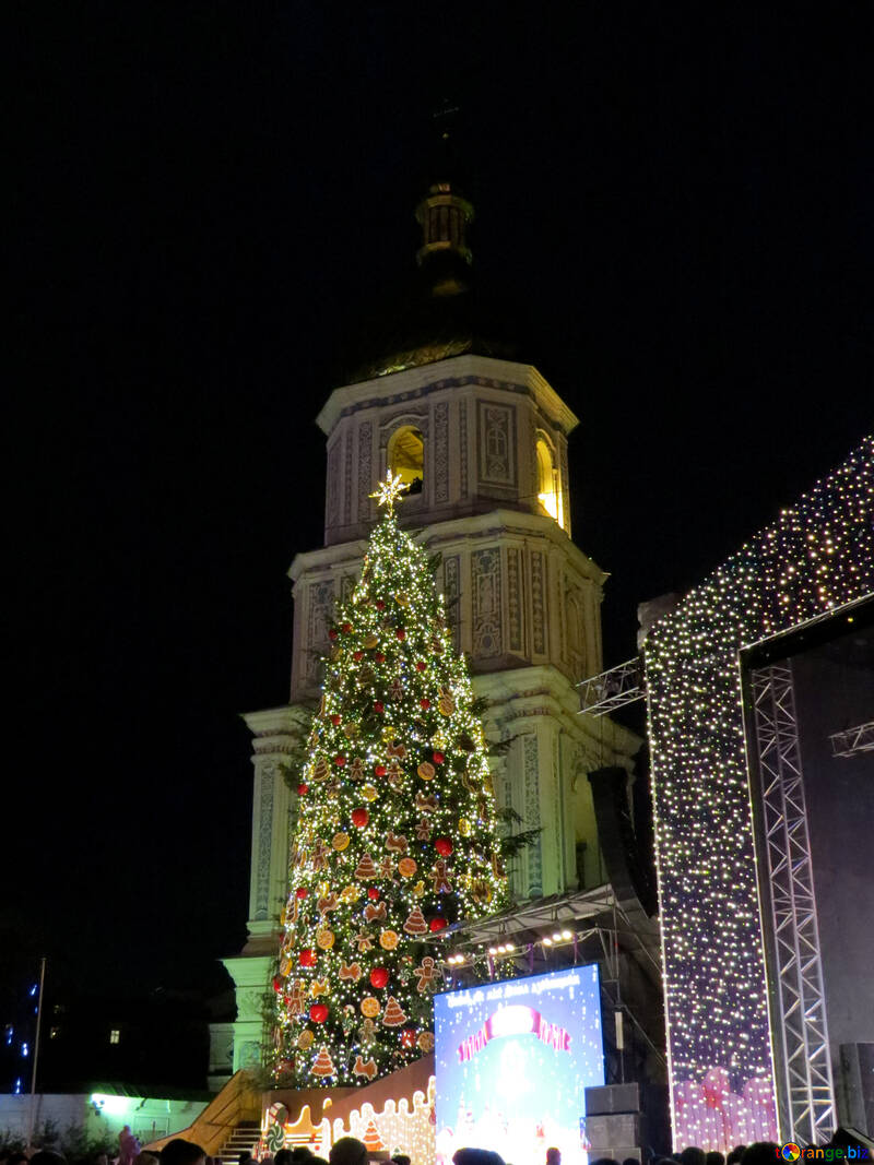 Un árbol de navidad, con edificio y luces navideñas. №54089