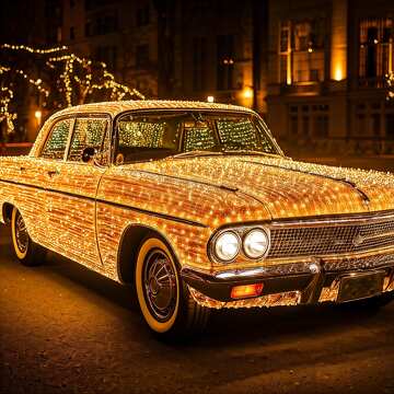 Classic Car Covered in Twinkling Holiday Lights at Night №56810