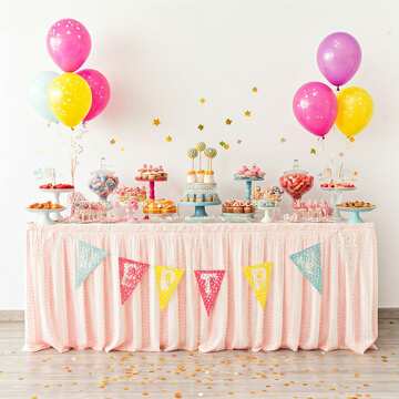 Colorful Birthday Party Dessert Table with Balloons and Treats №56831