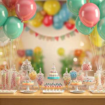 Colorful Candy Dessert Table with Balloons and Festive Decorations