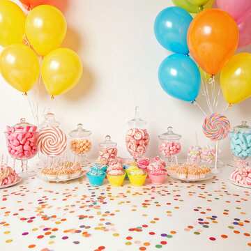 Colorful Candy Party Setup with Balloons and Festive Decor