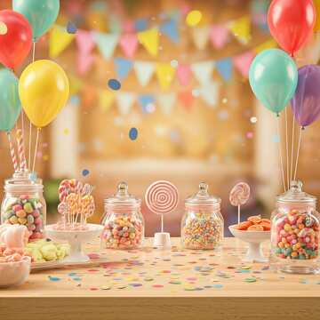 Colorful Candy Party Table with Balloons and Festive Decorations №56834