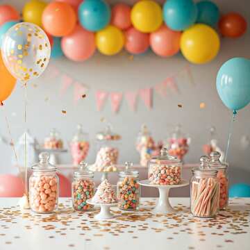 Colorful Candy Table with Balloons and Decorations for Celebrations №56827