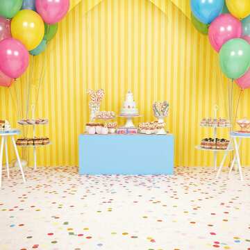 Colorful Dessert Table at a Cheerful Party with Balloons and Streamers №56838