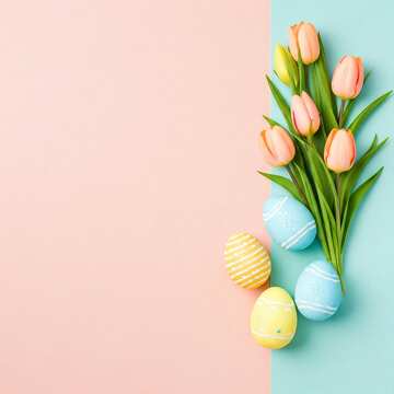 Huevos de Pascua coloridos y tulipanes sobre fondo pastel: decoración para celebrar la primavera №56853