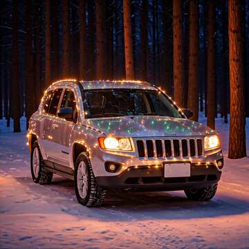 Festive SUV in Winter Wonderland: Christmas Lights and Snowy Forest №56881