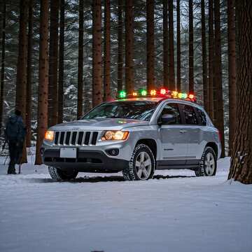 Jeep SUV with Colorful Lights in Snowy Forest Setting №56884