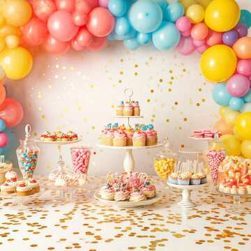 Vibrant Birthday Party Dessert Table with Colorful Balloons and Treats №56832