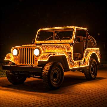 Vintage Jeep Covered in Glowing Fairy Lights at Night №56808