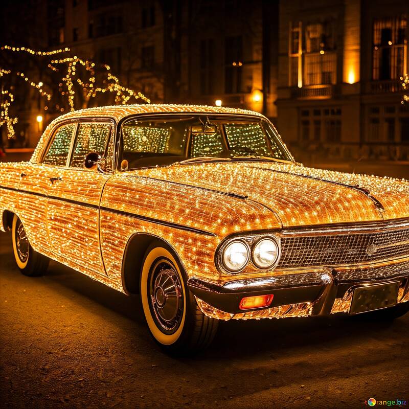 Classic Car Covered in Twinkling Holiday Lights at Night №56810