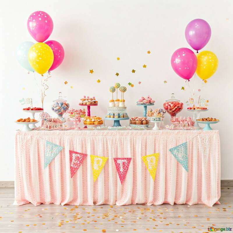 Colorful Birthday Party Dessert Table with Balloons and Treats №56831