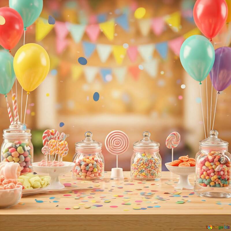 Colorful Candy Party Table with Balloons and Festive Decorations №56834