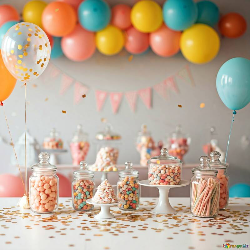 Colorful Candy Table with Balloons and Decorations for Celebrations №56827