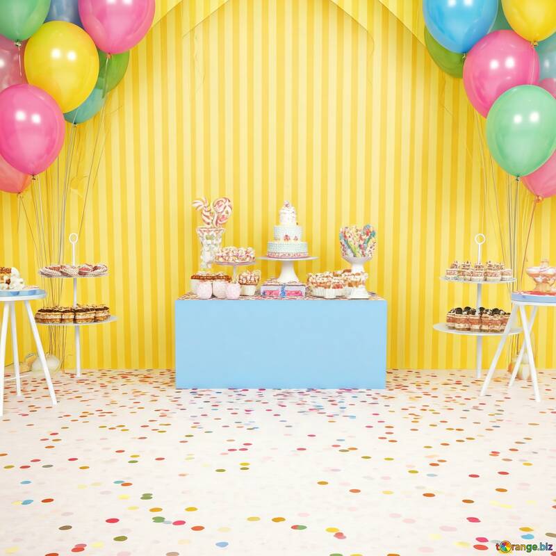 Colorful Dessert Table at a Cheerful Party with Balloons and Streamers №56838