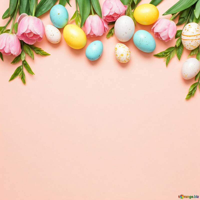 Colorful Easter Eggs and Pink Flowers on Soft Pink Background №56858