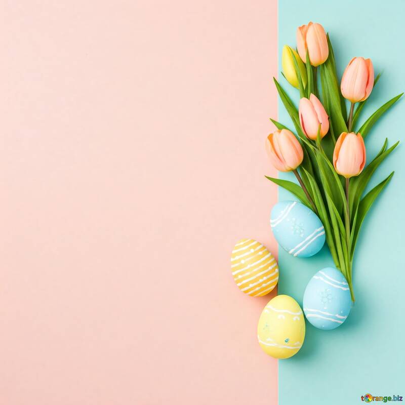 Huevos de Pascua coloridos y tulipanes sobre fondo pastel: decoración para celebrar la primavera №56853