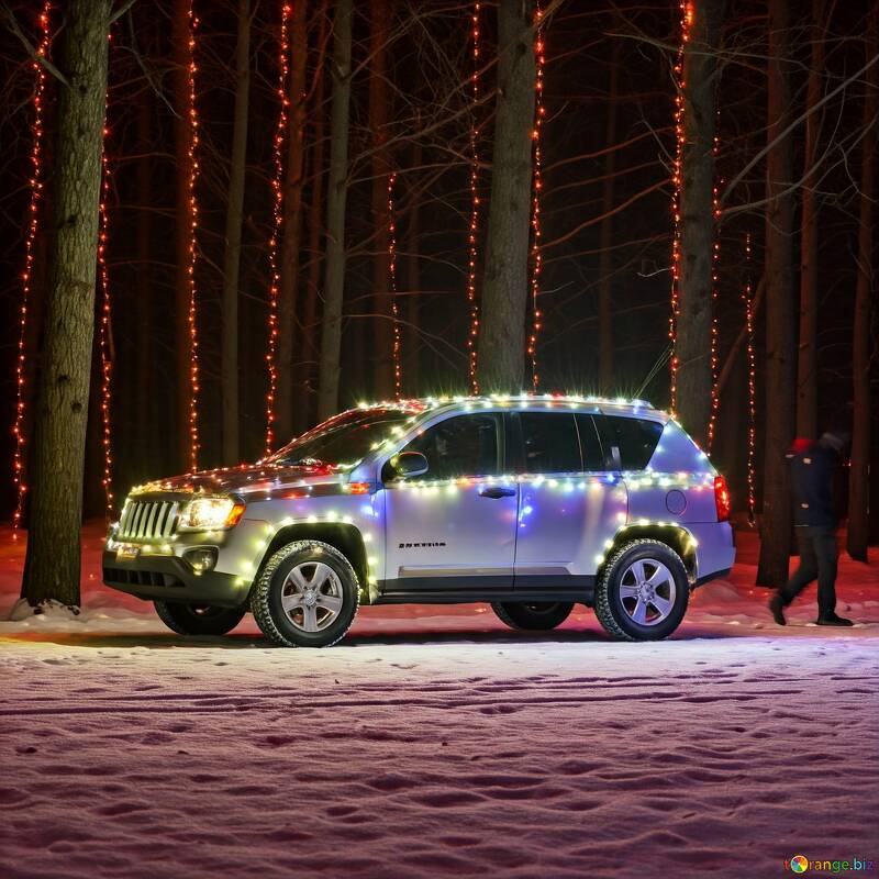 Festive SUV Illuminated with Christmas Lights Amidst Snowy Forest №56883