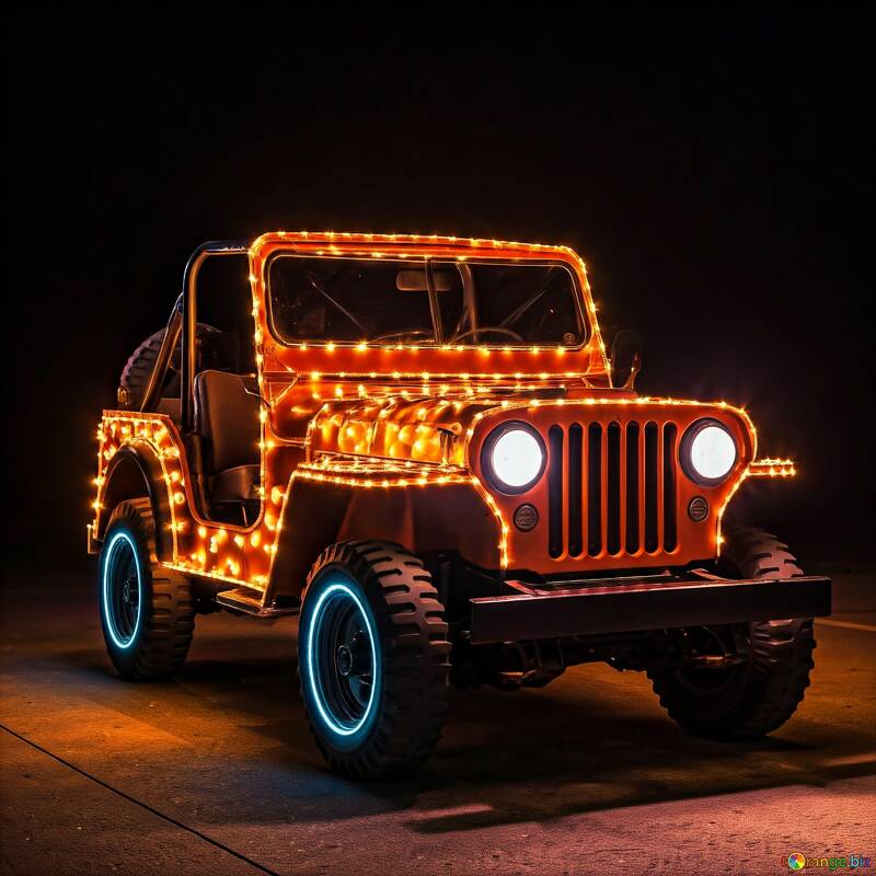 Festively Lit Jeep with Colorful Holiday Lights at Night №56807