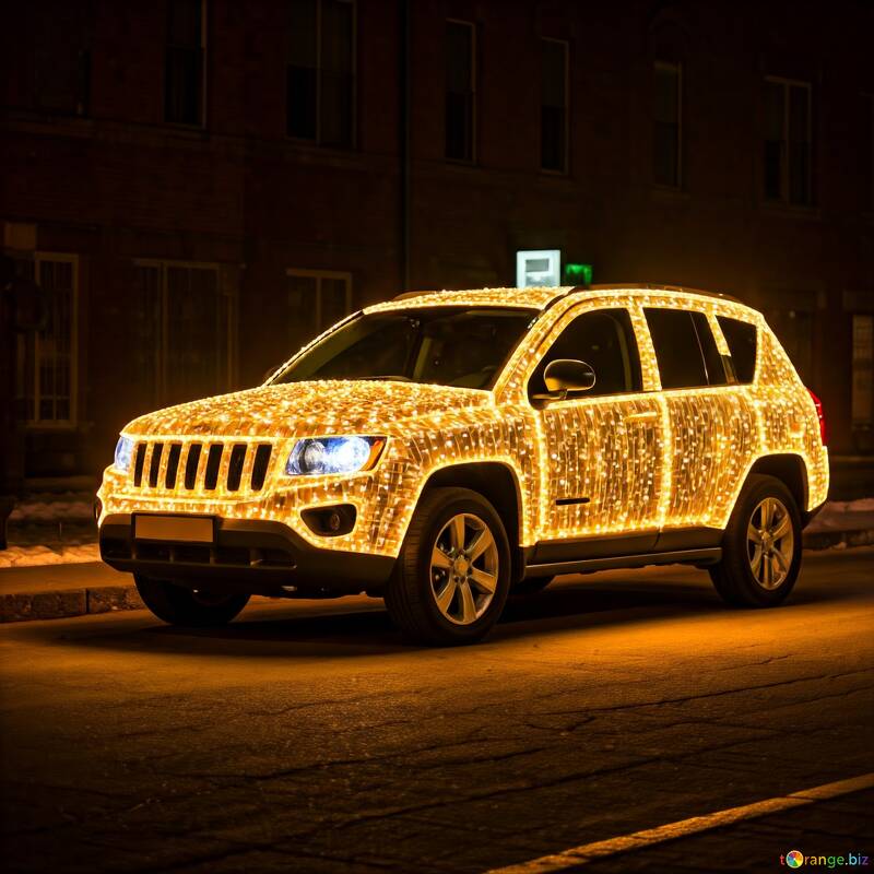 Glowing SUV Decorated with Holiday Lights in Urban Night Scene №56809