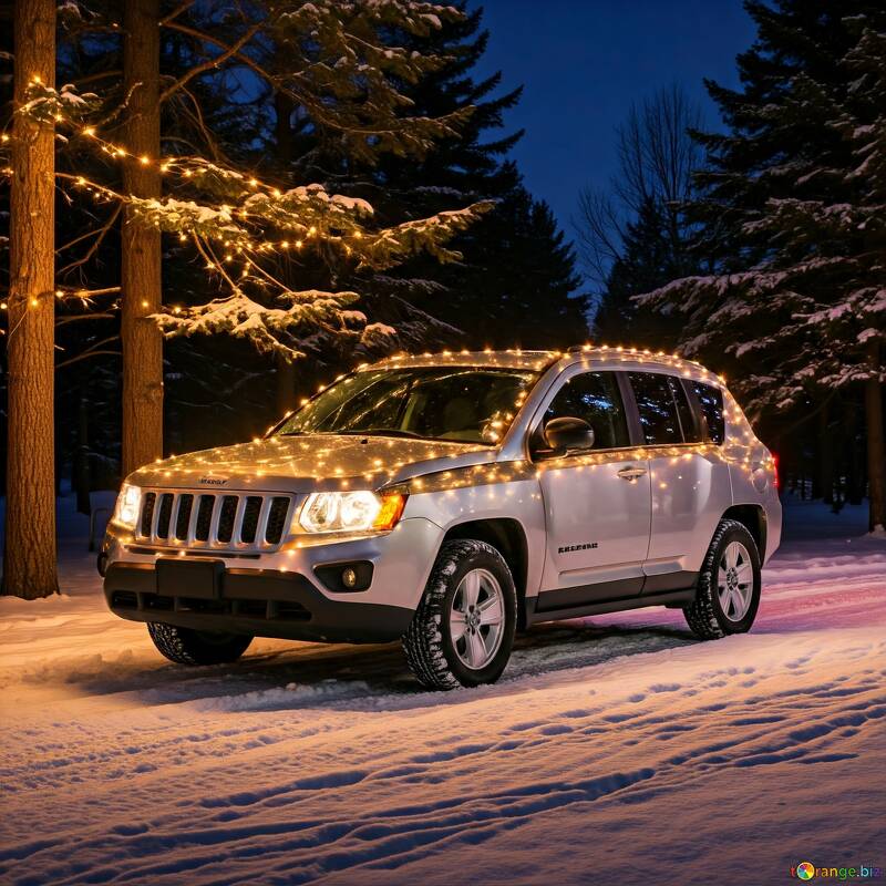 Snowy Winter Night SUV with Warm Holiday Lights №56882