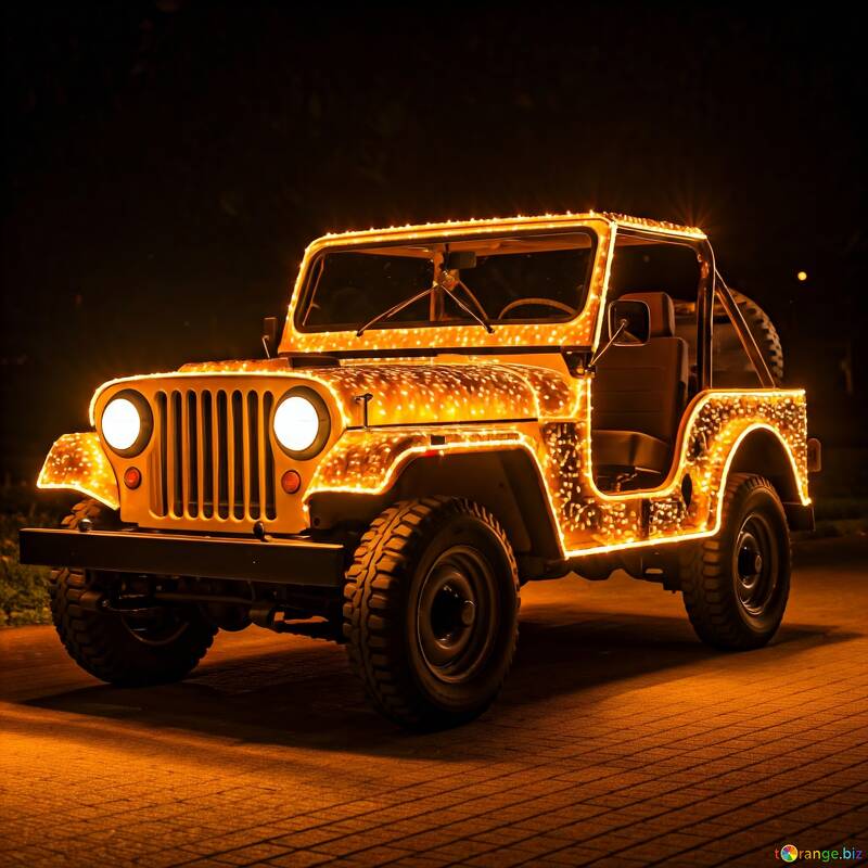 Vintage Jeep Covered in Glowing Fairy Lights at Night №56808