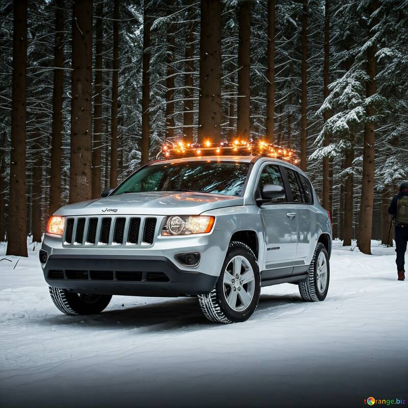 Winter Adventure: Jeep Grand Cherokee in Snowy Forest with Light Bar №56880