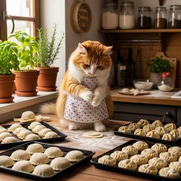 Entzückende Katze backt Knödel in einer gemütlichen Küche №57029