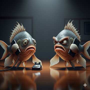 Wütender Fisch am Telefon: Humorvolle Wasserszene mit charaktervollen Fischen №57058